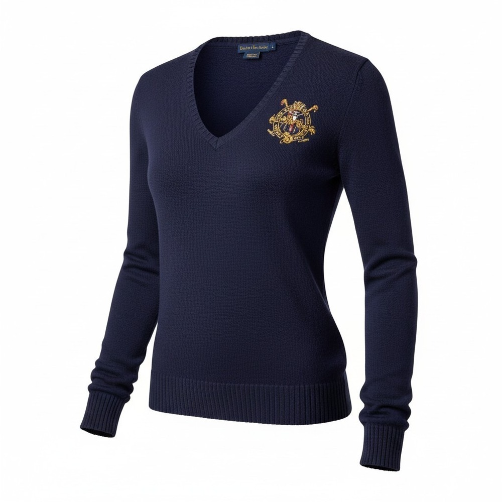 Ralph Lauren Sport V-Neck Sweater Womens Medium Navy Blue Crest Logo Preppy Knit